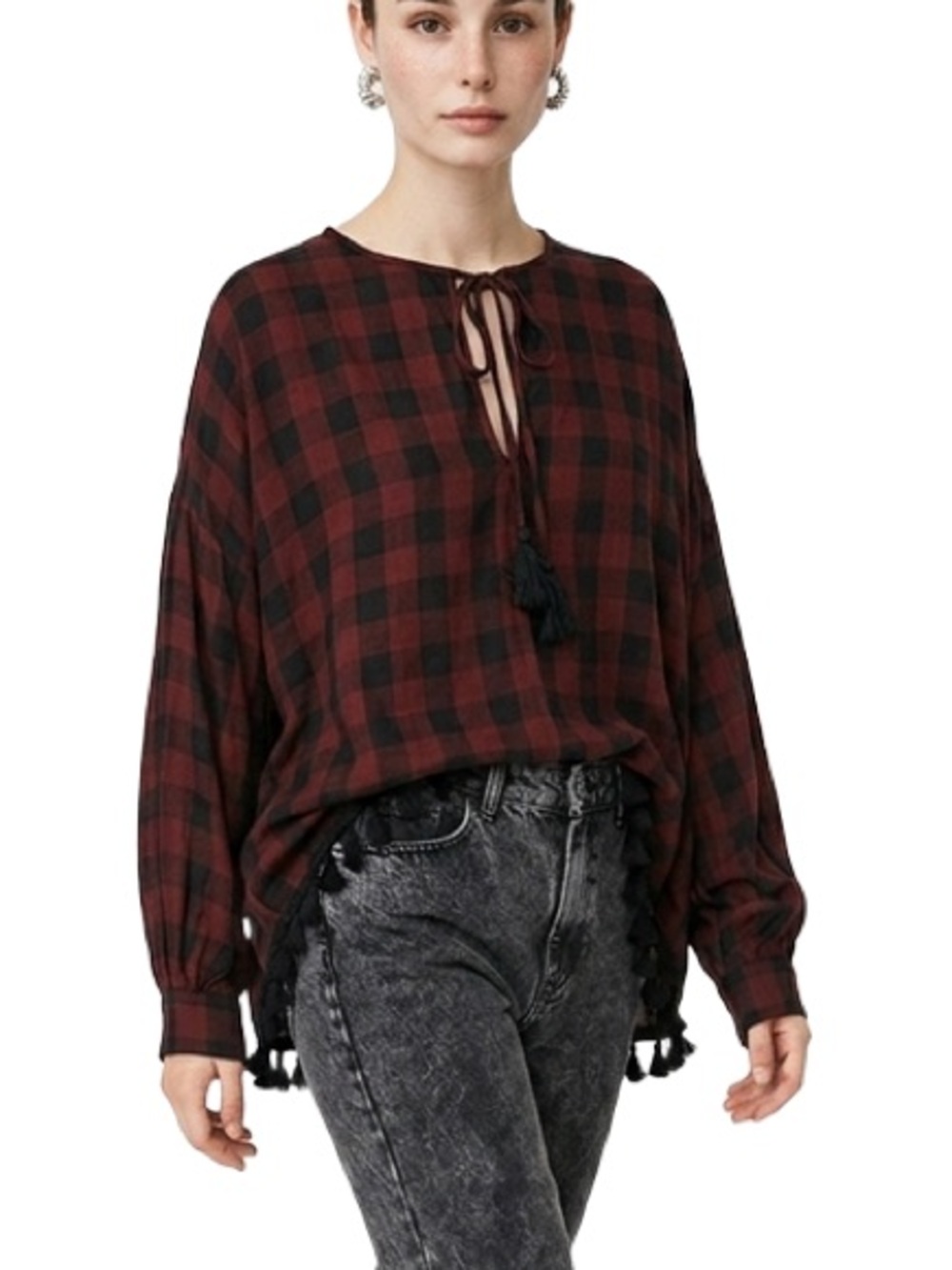 Zara red and black flannel print top